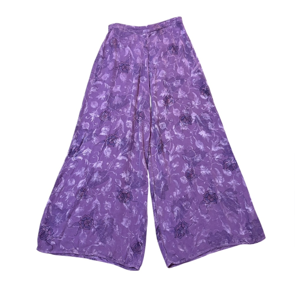 CITRON Santa Monica Butterfly & Floral Purple Wide Leg Rayon Pants
